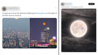 Last Supermoon of 2023 Pics: Bright Harvest Moon Graces the Skyline, Netizens Share Mesmerising Visuals Online